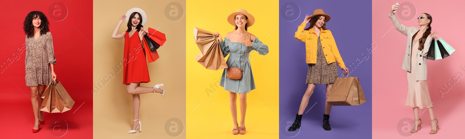 Image of Happy women with shopping bags on different colors backgrounds. Collage of photos