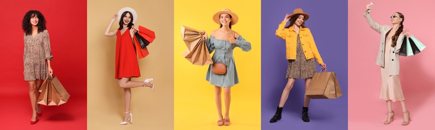 Happy women with shopping bags on different colors backgrounds. Collage of photos