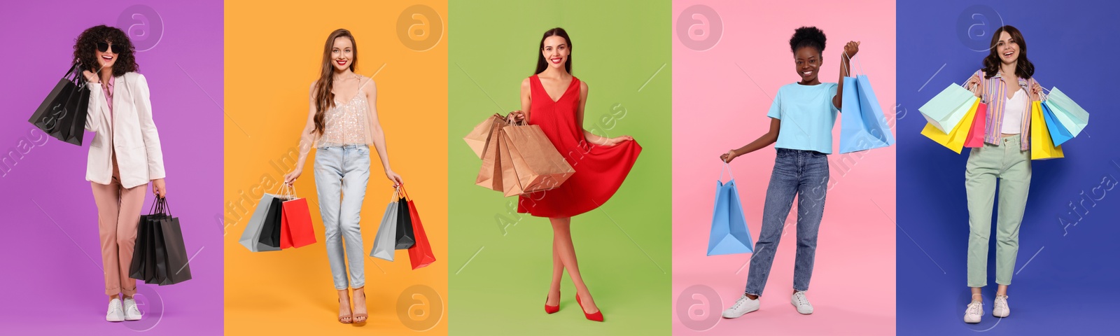 Image of Happy women with shopping bags on different colors backgrounds. Collage of photos