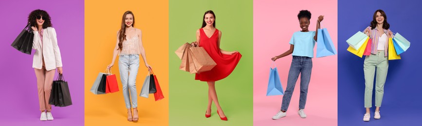 Happy women with shopping bags on different colors backgrounds. Collage of photos