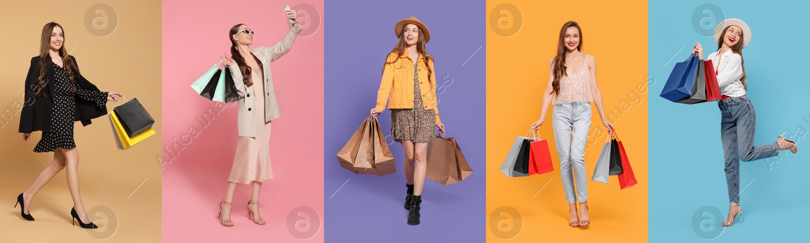 Image of Happy woman with shopping bags on different colors backgrounds. Collage of photos