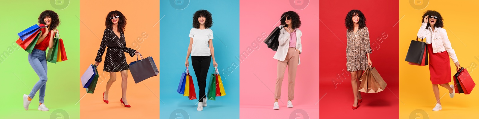 Image of Happy woman with shopping bags on different colors backgrounds. Collage of photos