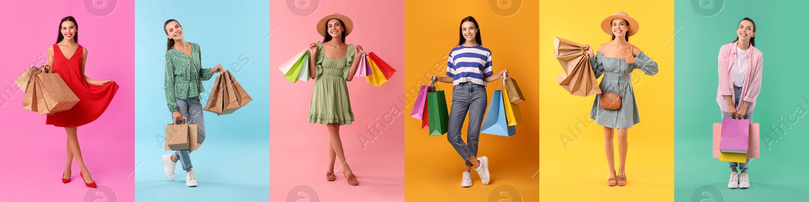 Image of Happy woman with shopping bags on different colors backgrounds. Collage of photos