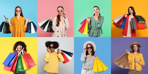 Happy women with shopping bags on different colors backgrounds. Collage of photos