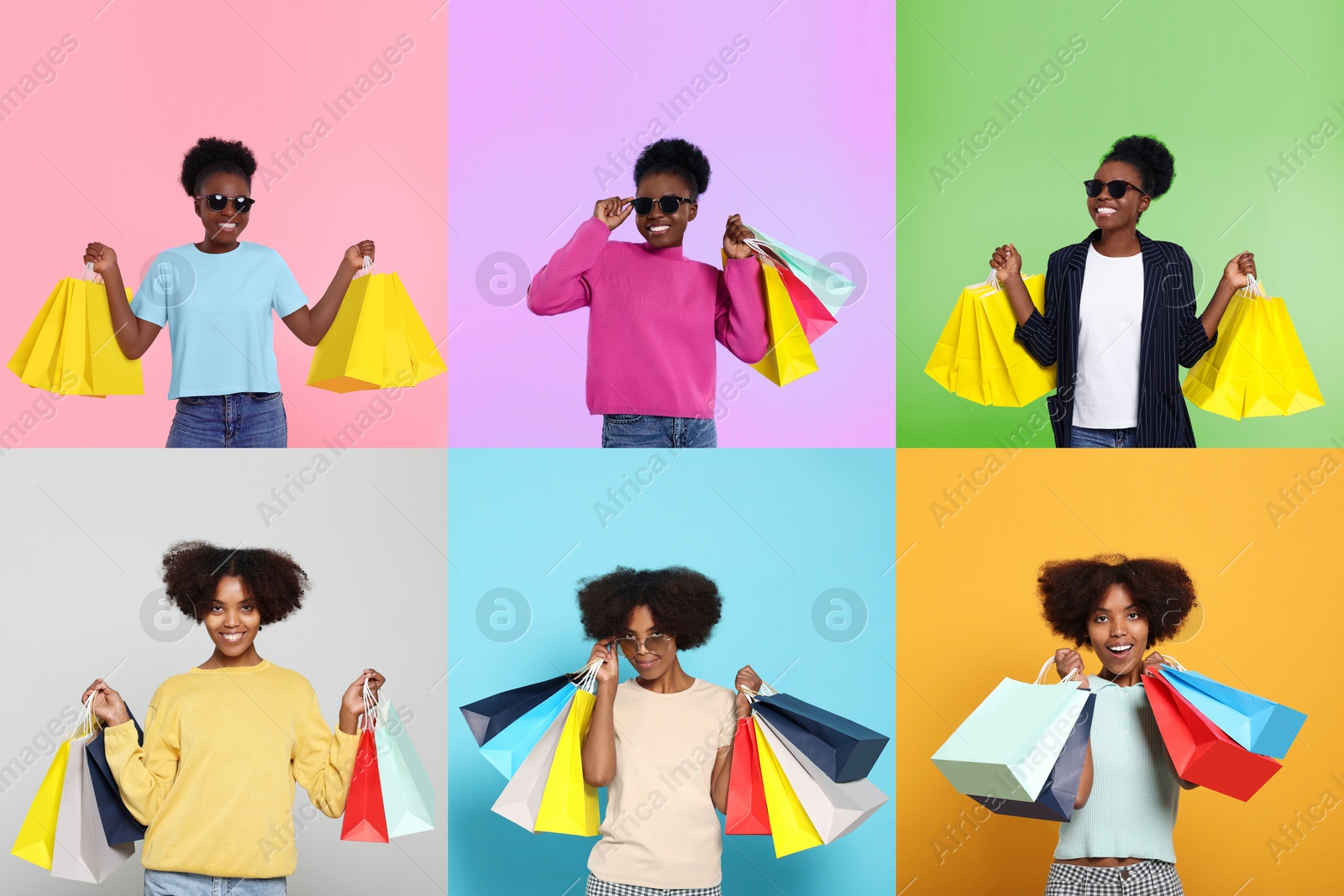 Image of Happy women with shopping bags on different colors backgrounds. Collage of photos