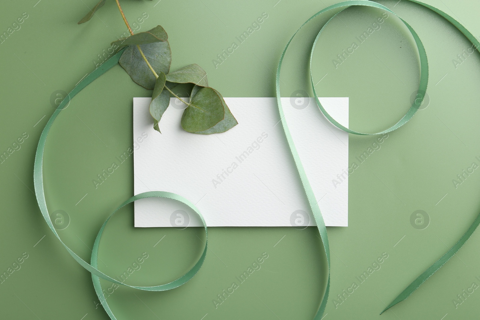 Photo of Blank card, ribbons and eucalyptus branch on green background, flat lay