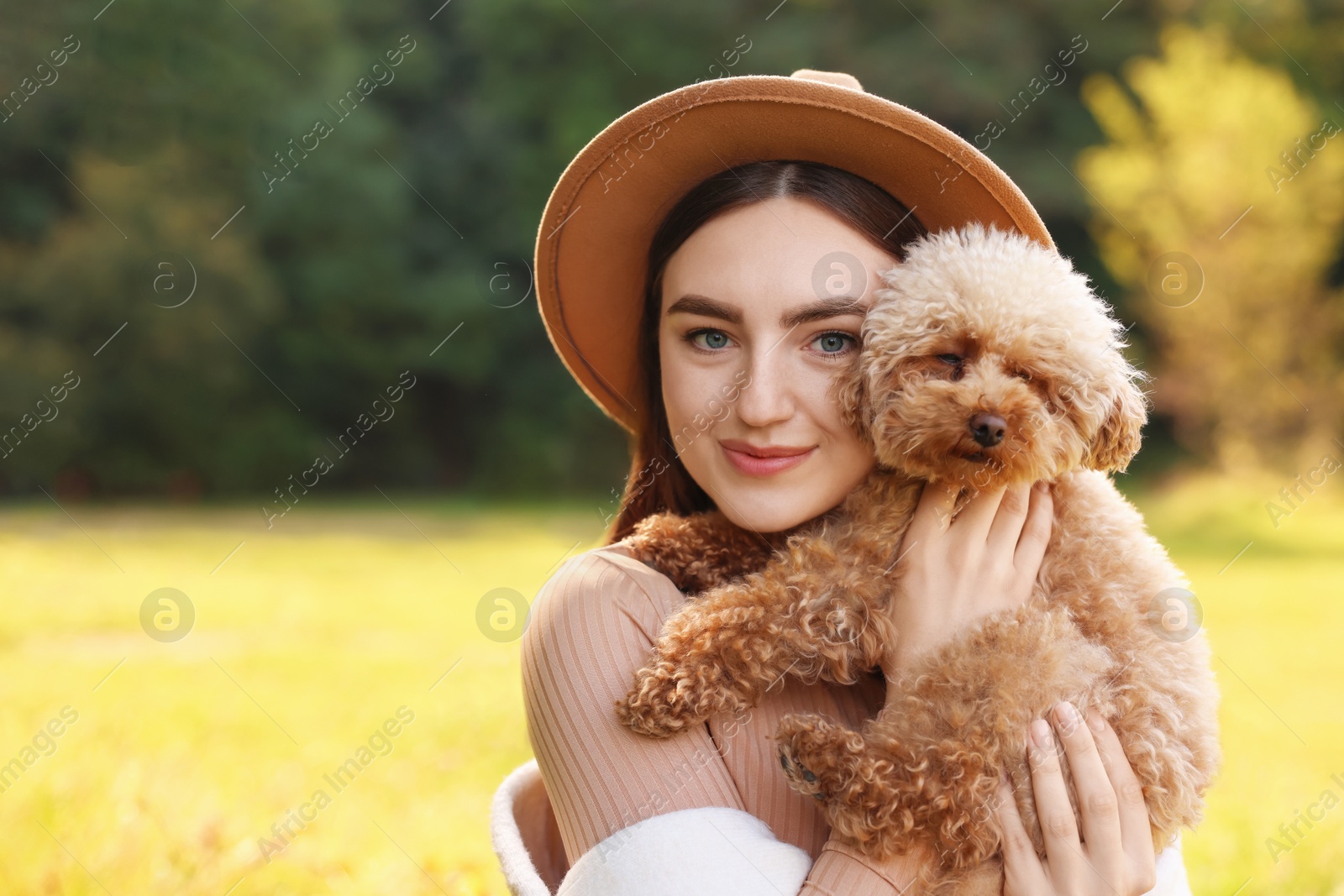 Photo of Woman with cute dog outdoors on sunny day. Space for text