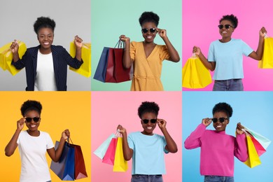 Happy woman with shopping bags on different colors backgrounds. Collage of photos