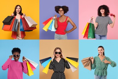 Happy women with shopping bags on different colors backgrounds. Collage of photos