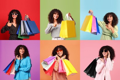 Image of Happy woman with shopping bags on different colors backgrounds. Collage of photos