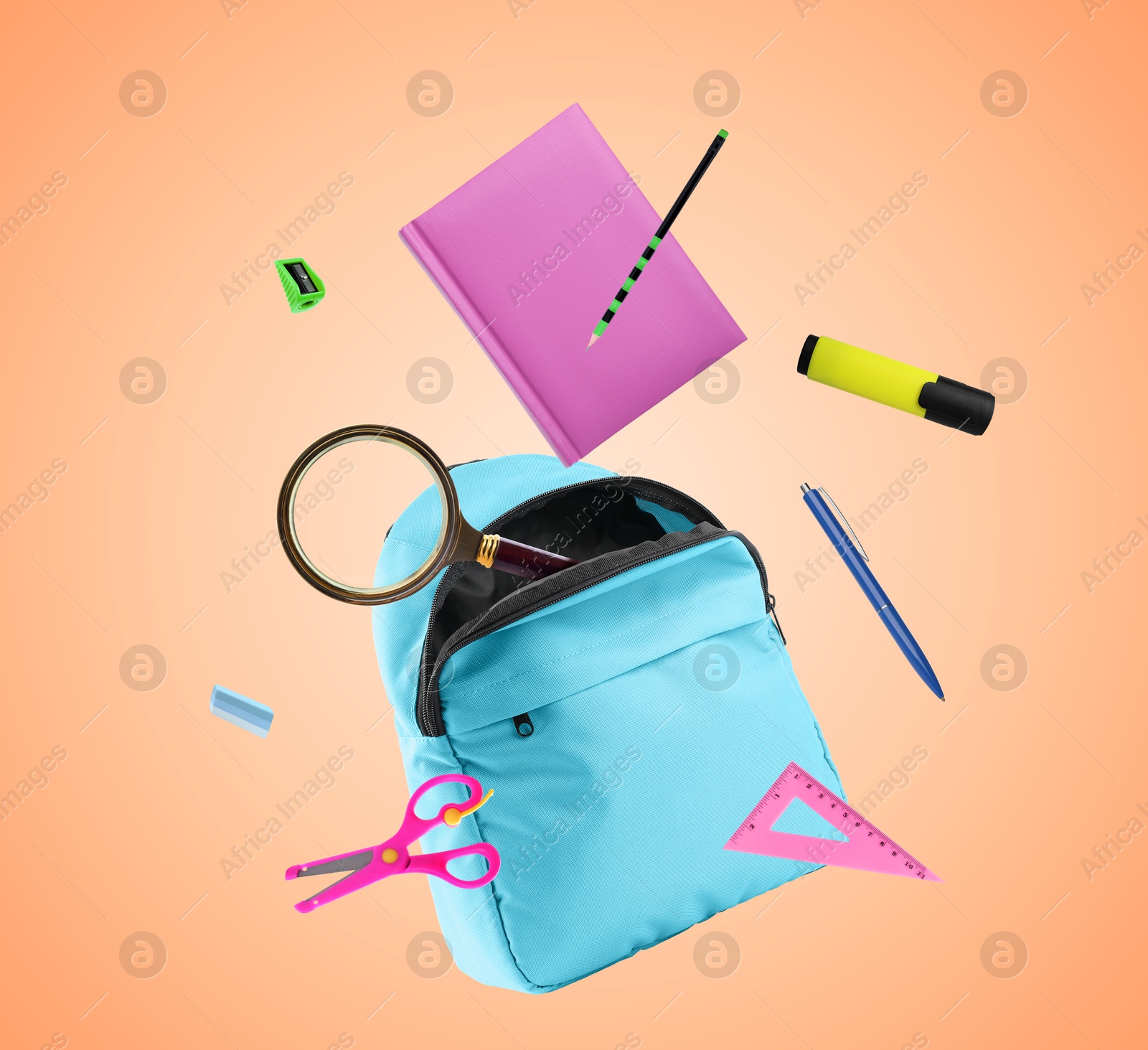 Image of Light blue backpack and school stationery in air on pale coral background