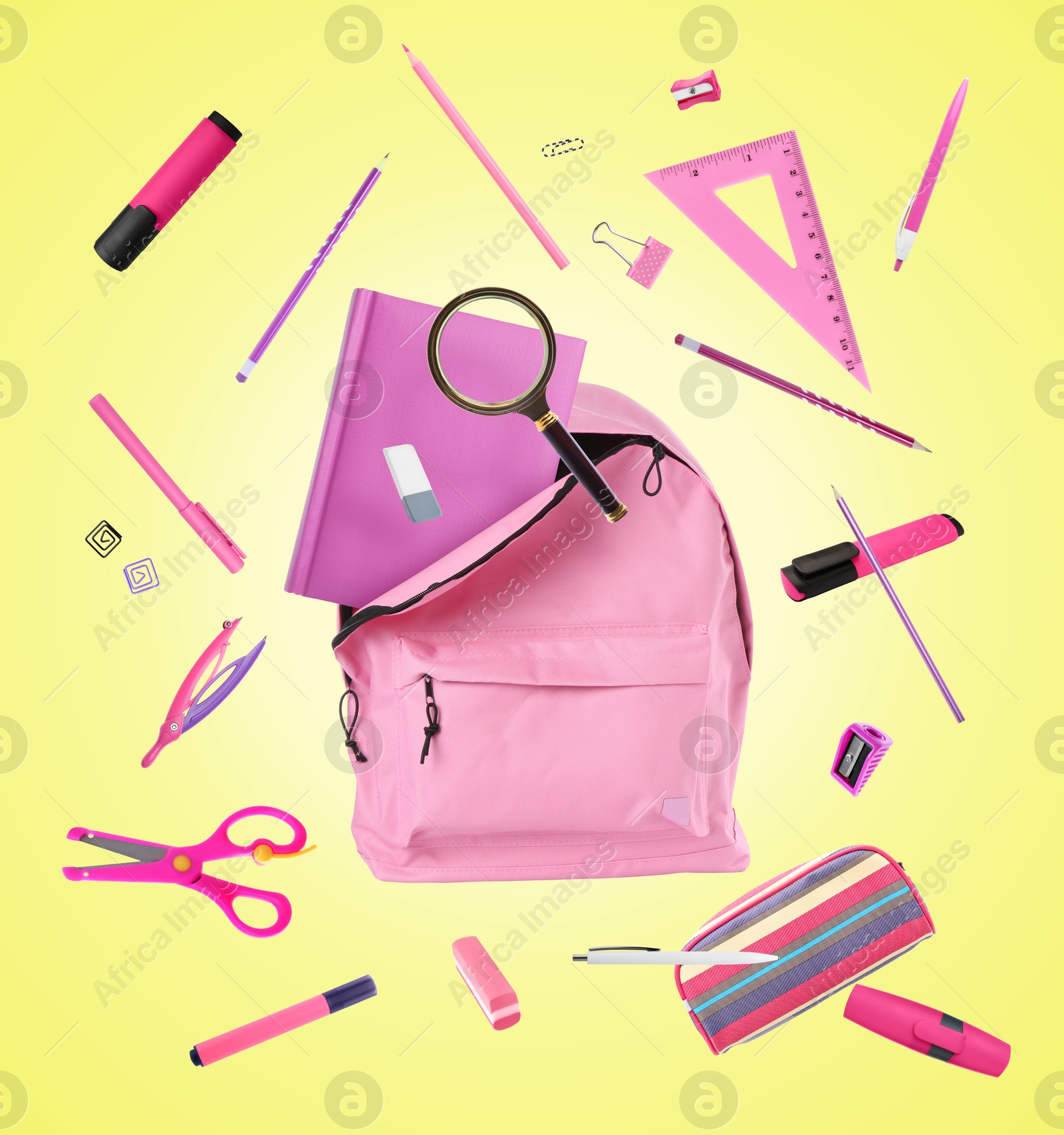 Image of Pink backpack and school stationery in air on yellow background