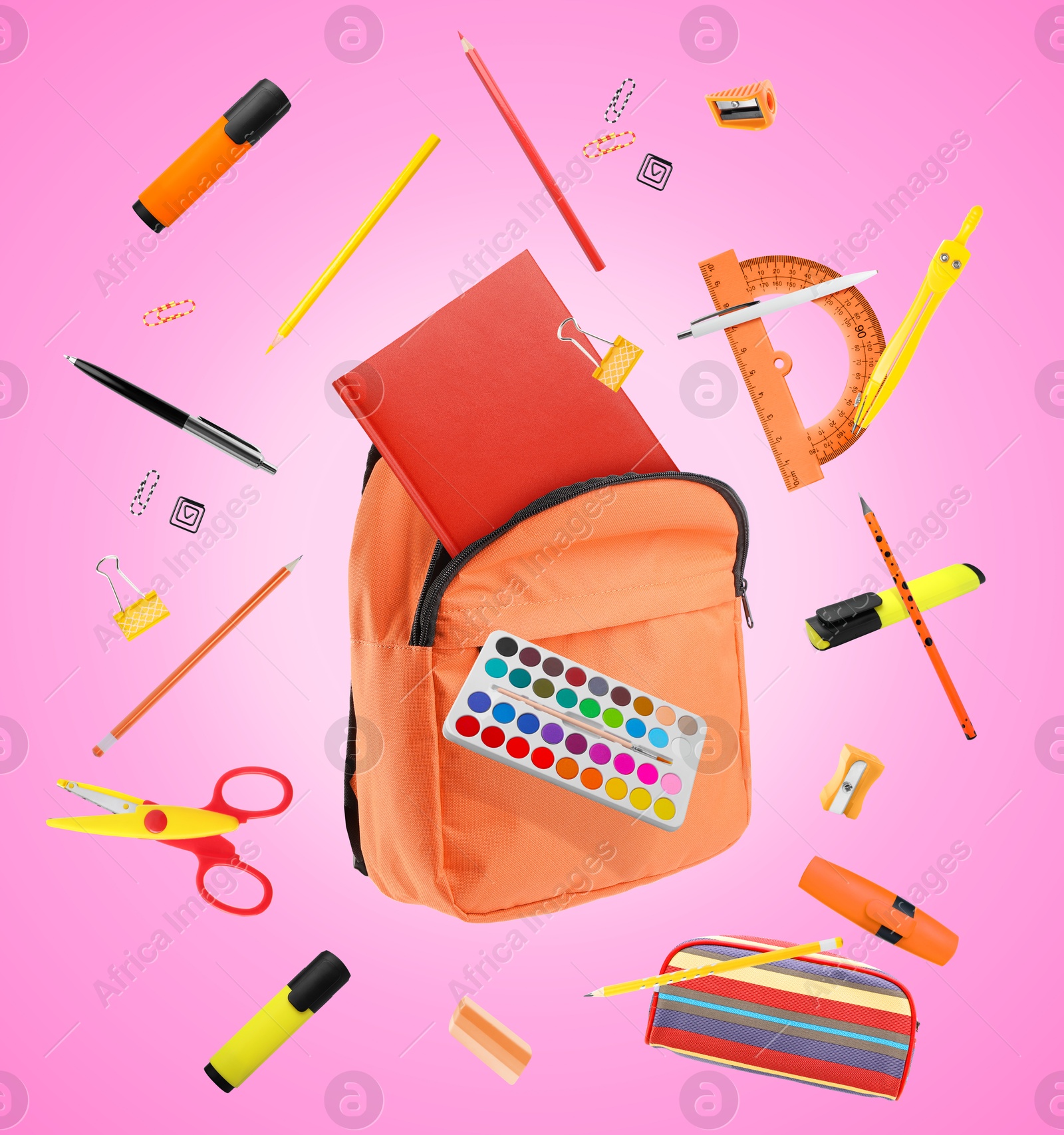 Image of Orange backpack and school stationery in air on pink background