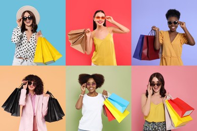 Happy women with shopping bags on different colors backgrounds. Collage of photos