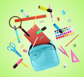 Image of Backpack and school stationery in air on light green background