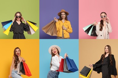 Happy woman with shopping bags on different colors backgrounds. Collage of photos