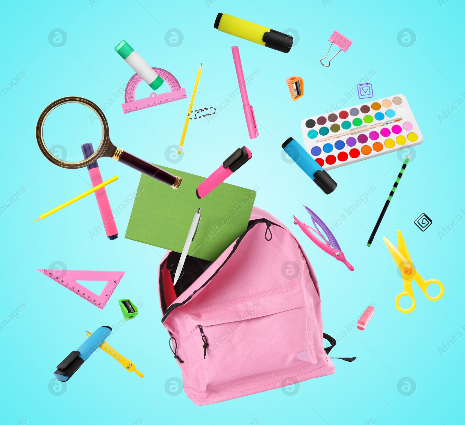 Image of Pink backpack and school stationery in air on light blue background