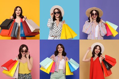 Happy woman with shopping bags on different colors backgrounds. Collage of photos