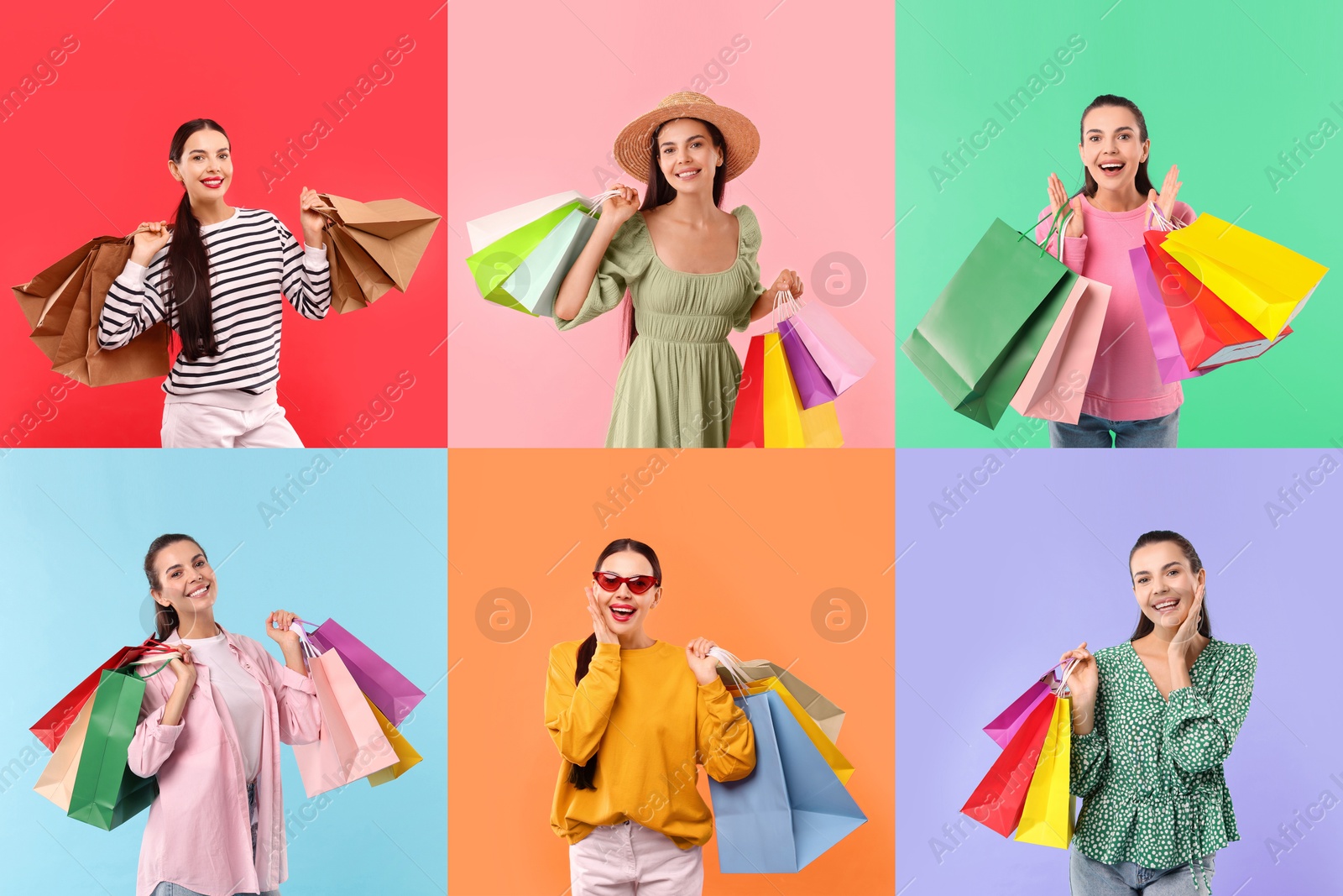 Image of Happy woman with shopping bags on different colors backgrounds. Collage of photos