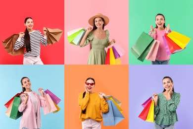 Happy woman with shopping bags on different colors backgrounds. Collage of photos