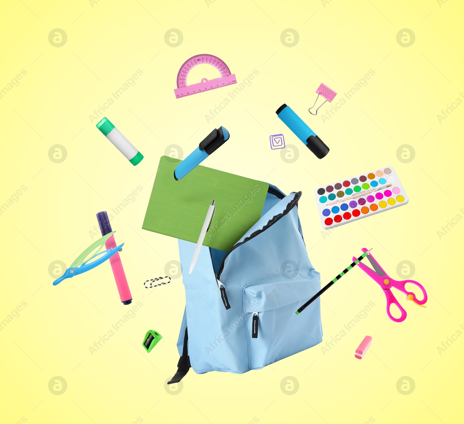 Image of Backpack and school stationery in air on light yellow background