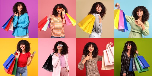 Happy woman with shopping bags on different colors backgrounds. Collage of photos