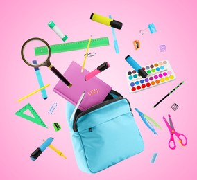 Image of Light blue backpack and school stationery in air on pink background