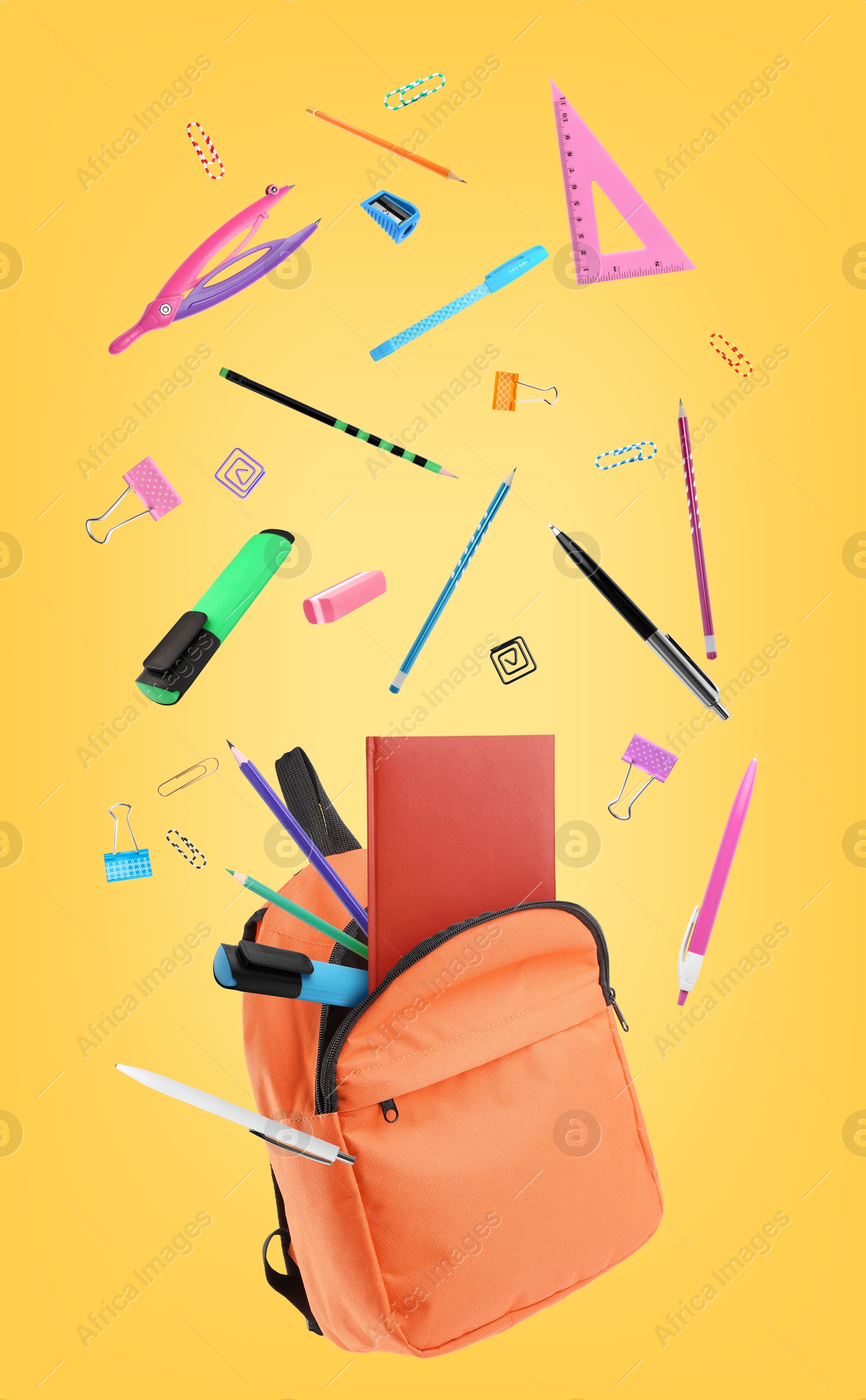 Image of Orange backpack and school stationery in air on golden background