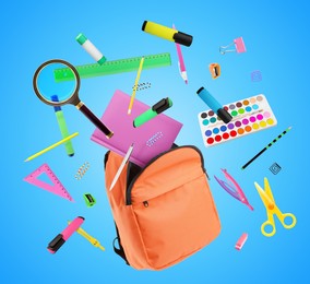 Orange backpack and school stationery in air on light blue background