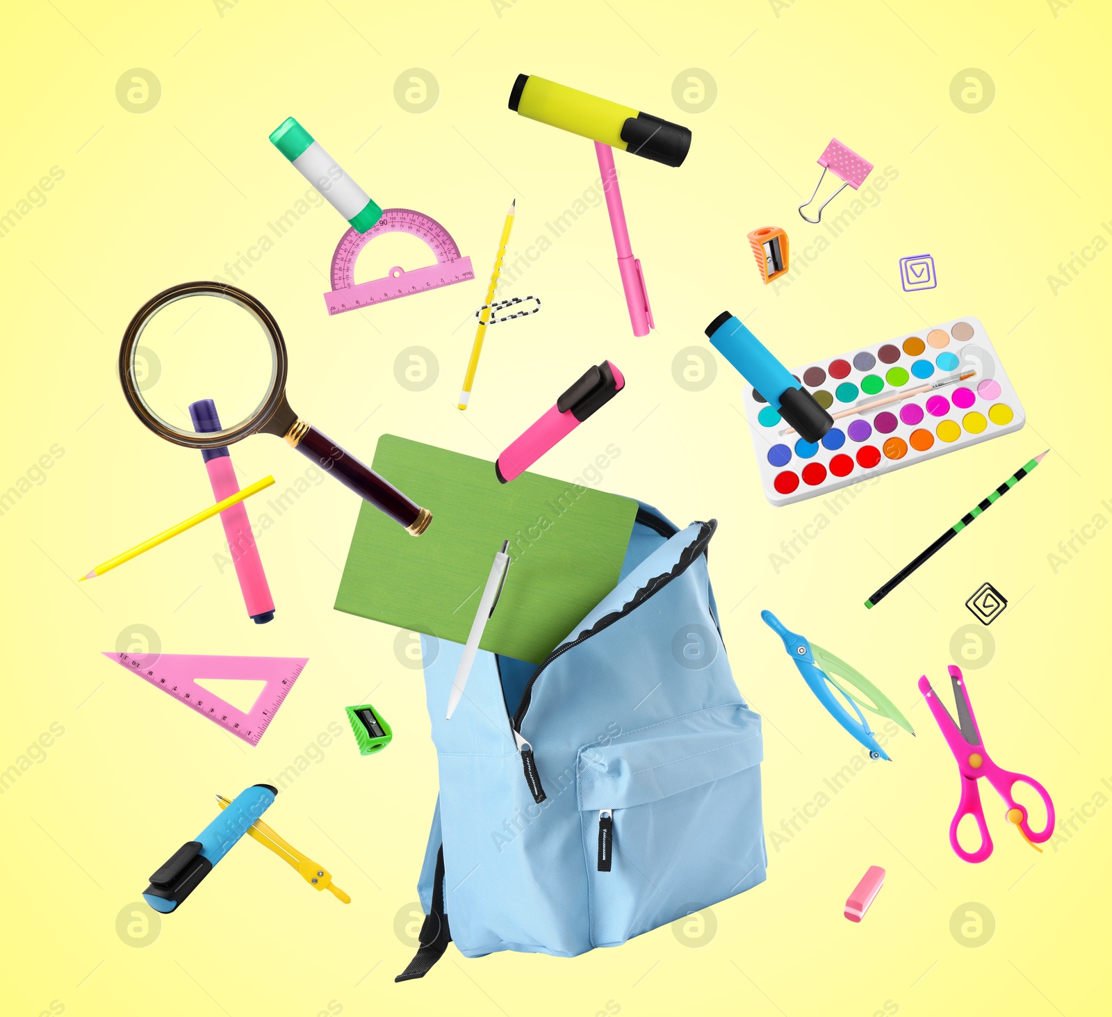 Image of Backpack and school stationery in air on light yellow background