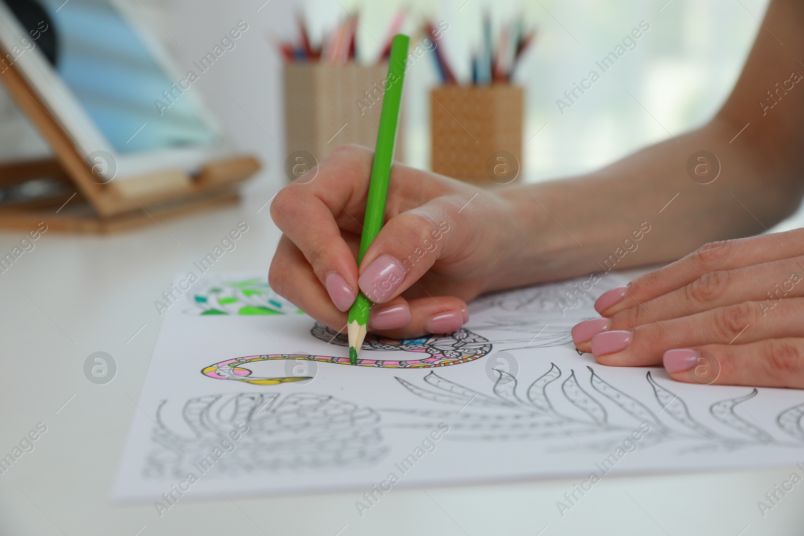 Photo of Young woman coloring antistress page at desk indoors, closeup