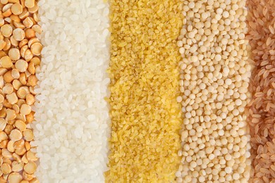 Different cereal grains as background, top view