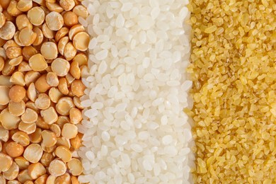 Photo of Different cereal grains as background, top view