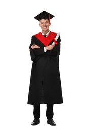 Happy student with diploma after graduation on white background