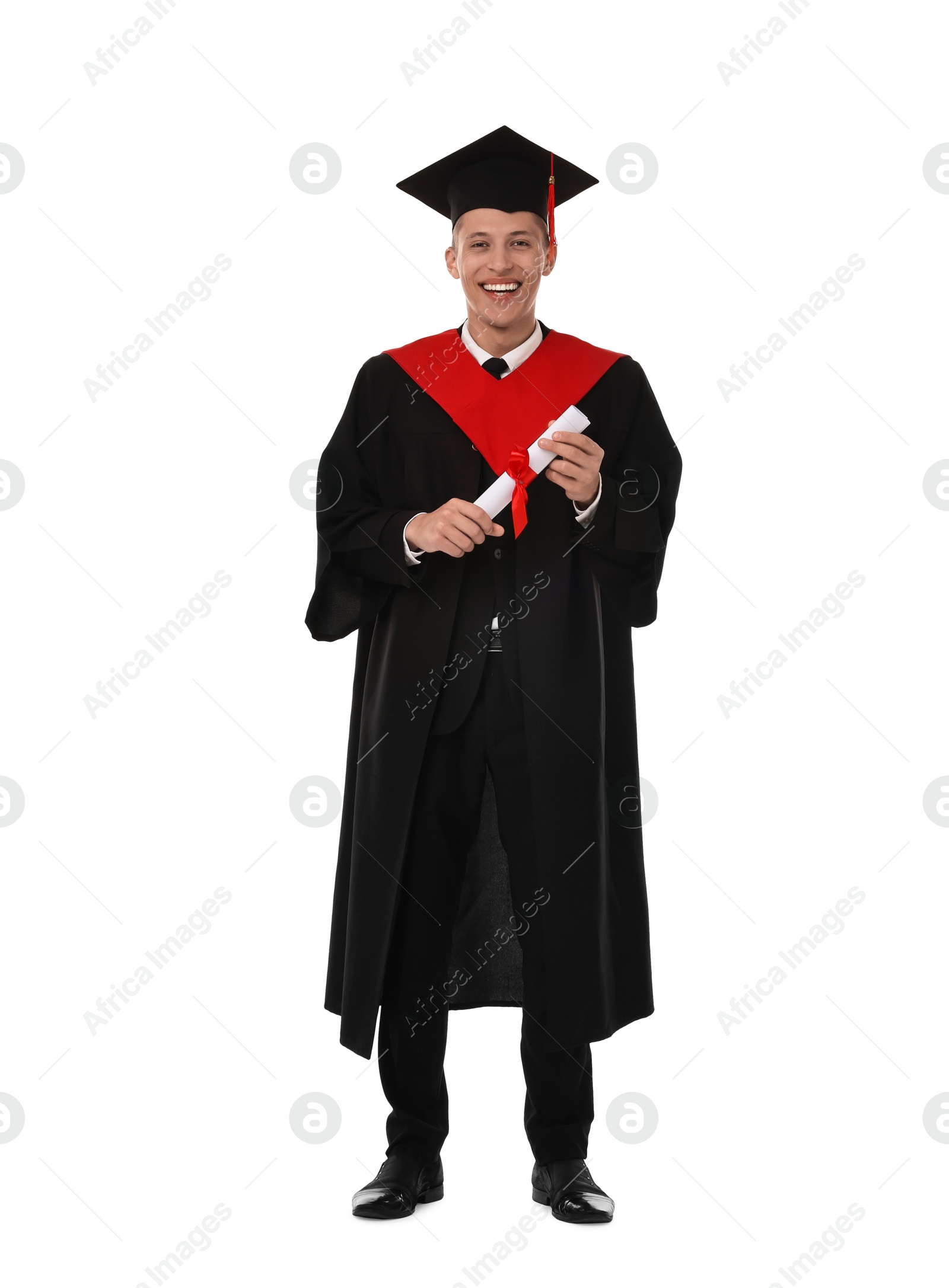 Photo of Happy student with diploma after graduation on white background