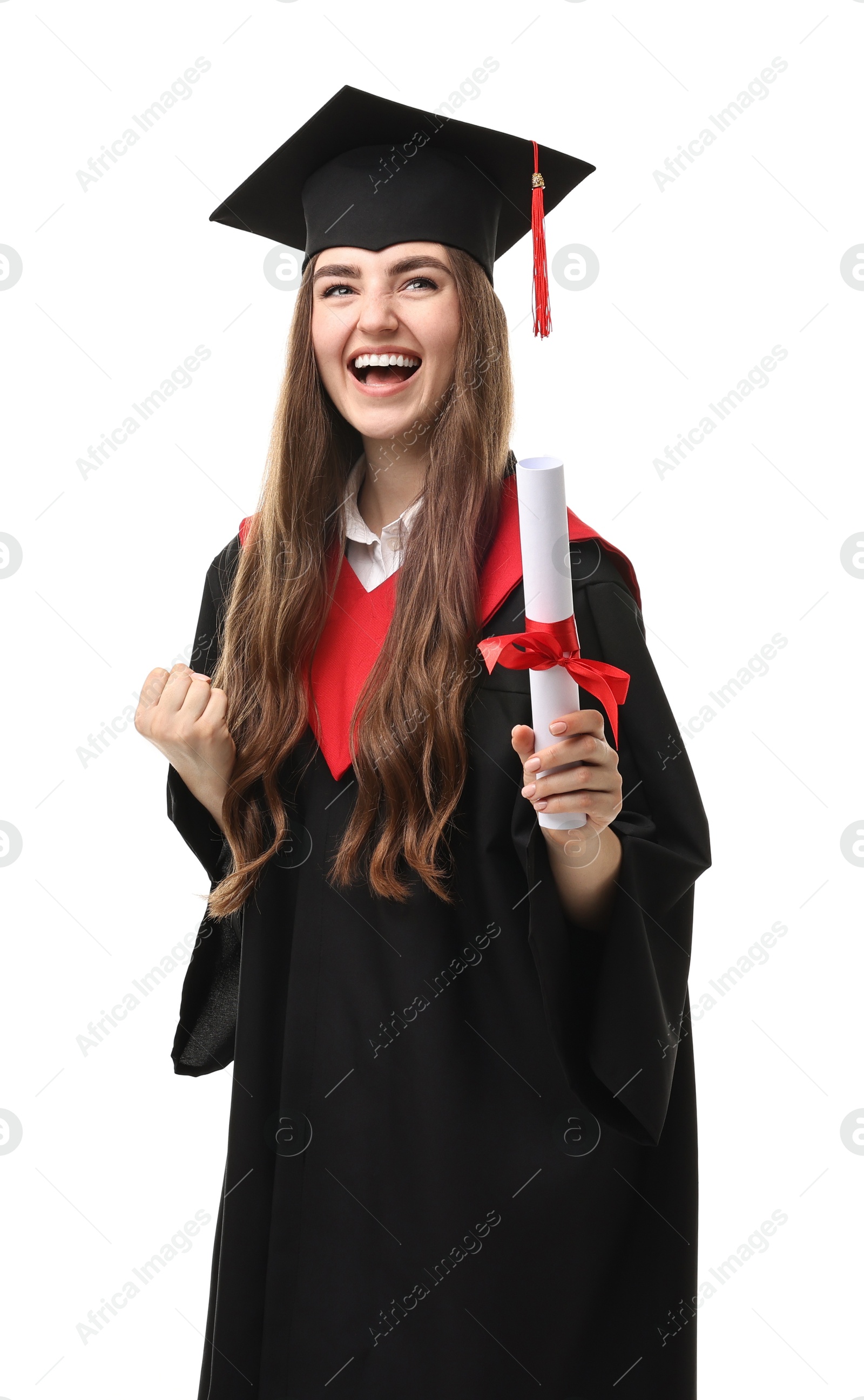 Photo of Happy student with diploma after graduation on white background