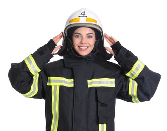 Portrait of firefighter in uniform and helmet on white background