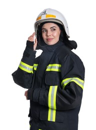 Portrait of firefighter in uniform and helmet on white background