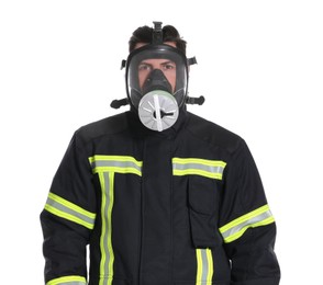 Photo of Portrait of firefighter in uniform and gas mask on white background