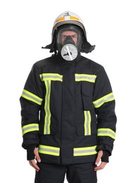 Photo of Portrait of firefighter in uniform, helmet and gas mask on white background