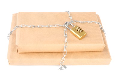 Photo of Parcels with chain and padlock isolated on white