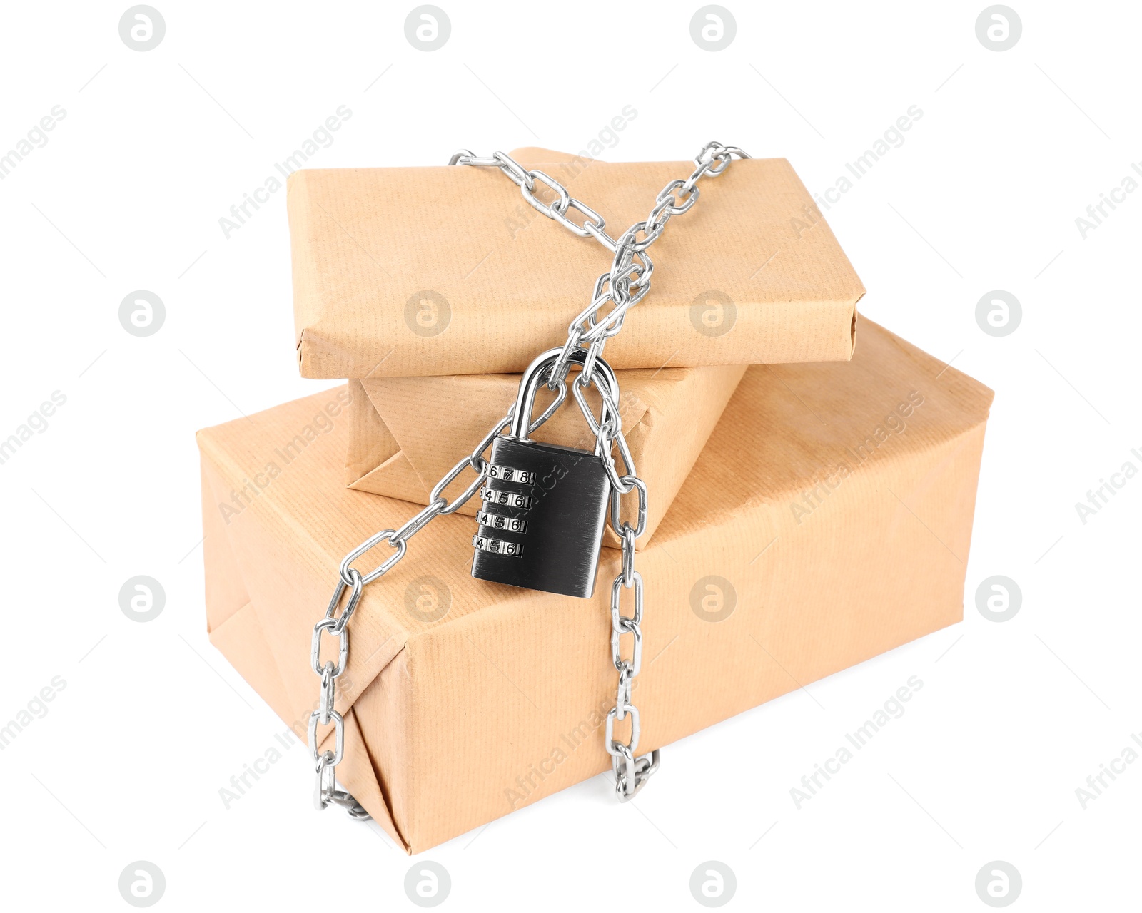 Photo of Parcels with chain and padlock isolated on white