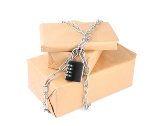 Photo of Parcels with chain and padlock isolated on white