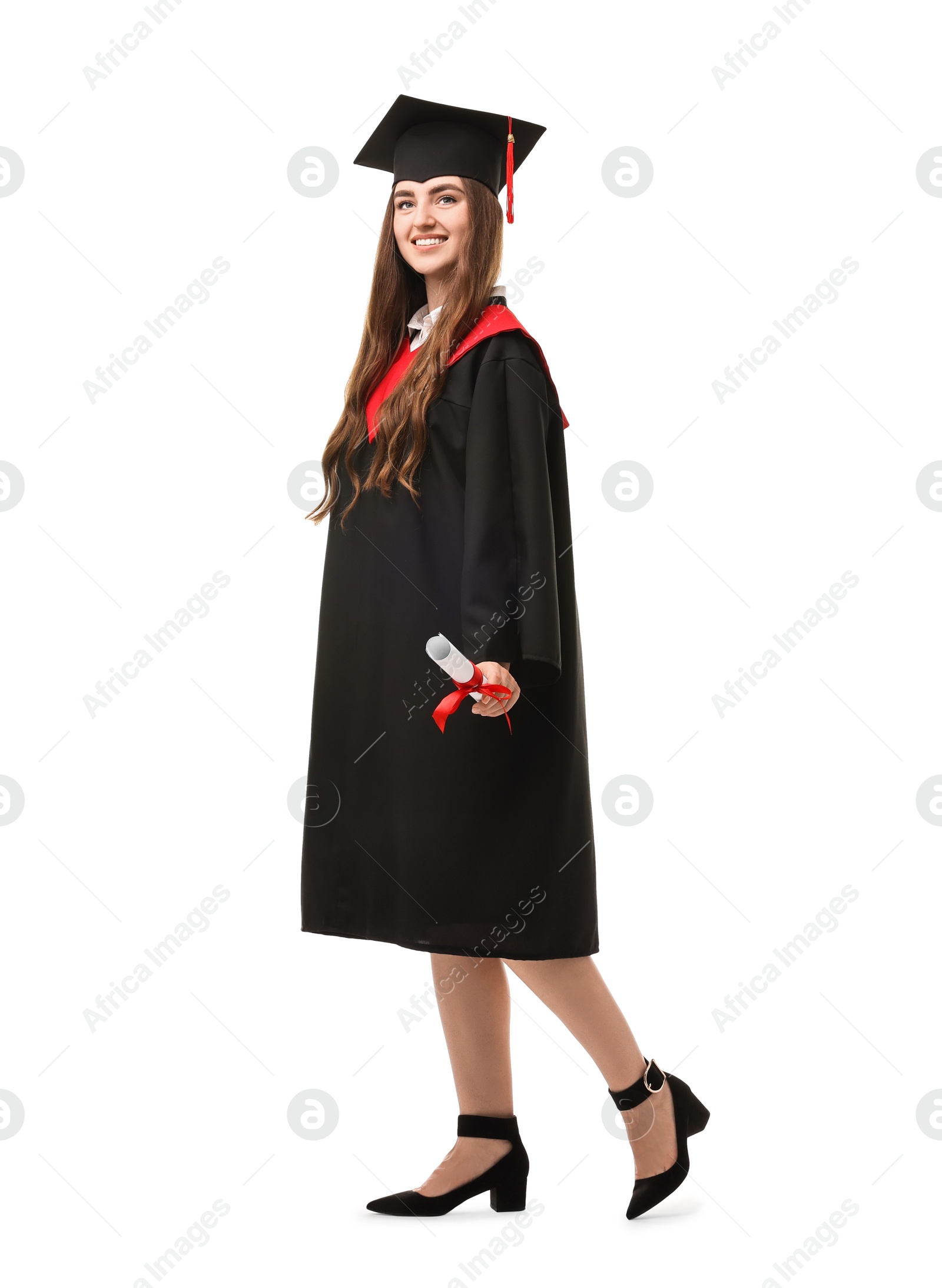 Photo of Happy student with diploma after graduation on white background