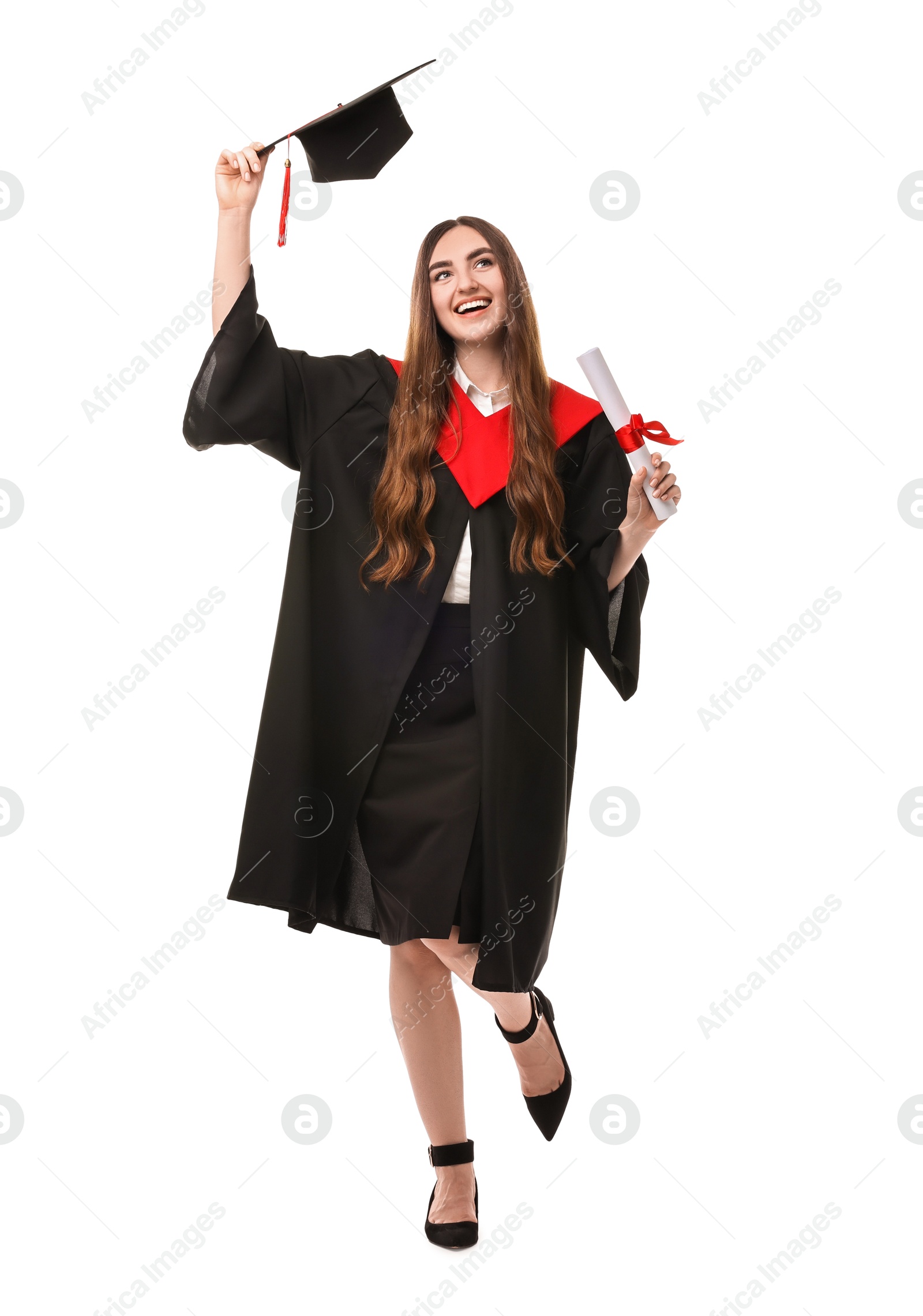 Photo of Happy student with diploma after graduation on white background