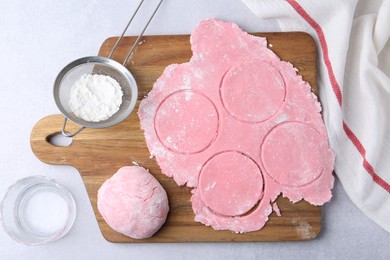 Dough for tasty homemade mochi on white table, top view