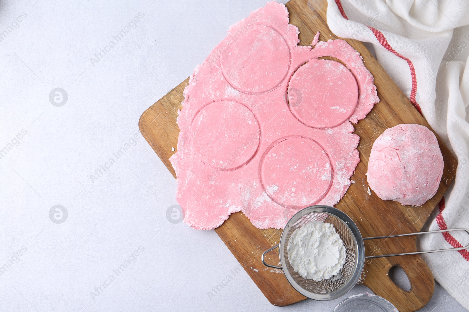 Photo of Dough for tasty homemade mochi on white table, top view. Space for text