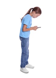 Photo of Girl with incorrect posture using smartphone on white background