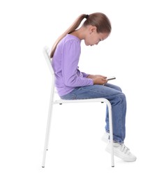 Photo of Girl with incorrect posture and smartphone sitting on white background