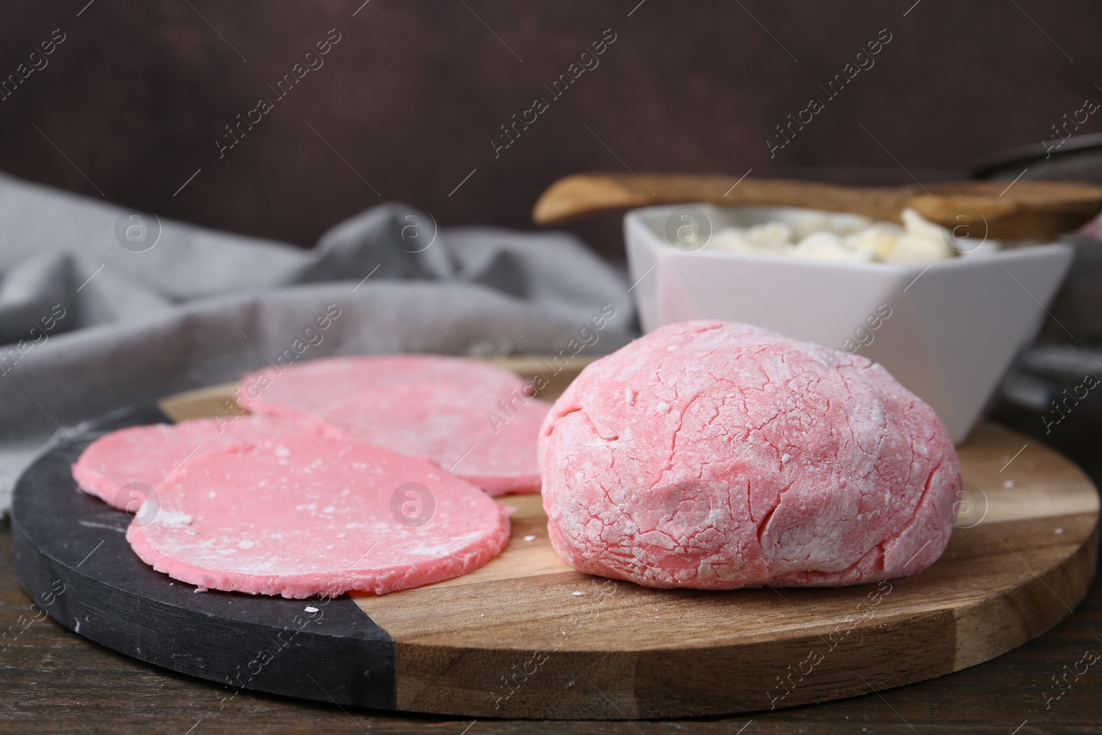 Photo of Dough for tasty homemade mochi on wooden table, closeup